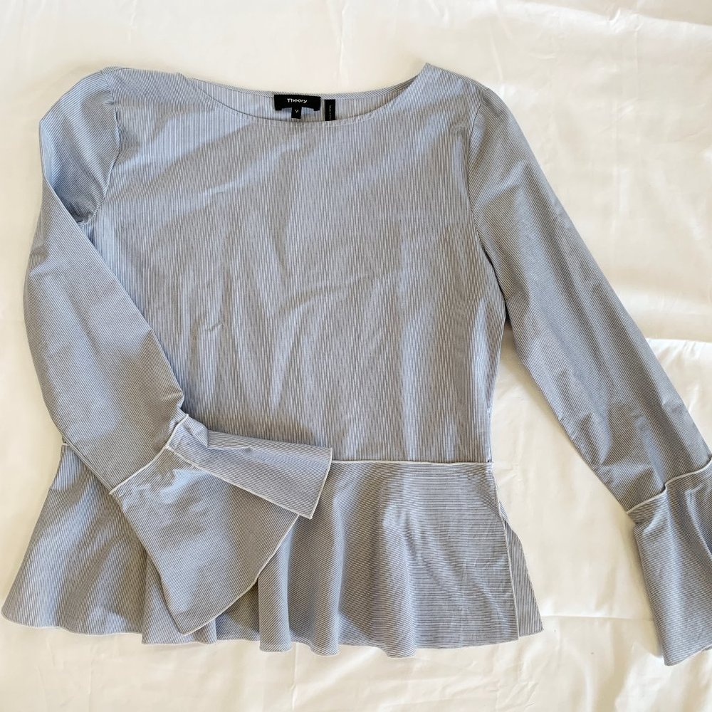 Theory blue and white striped peplum blouse